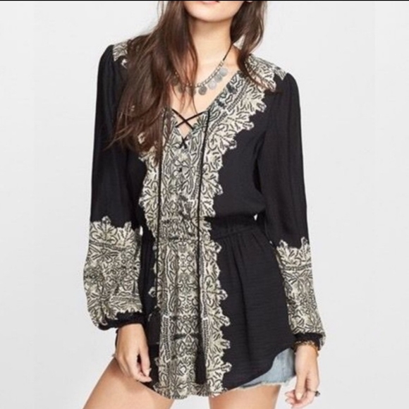 Free People Wildest Moments Boho Tapestry Tunic Lace Up Long Sleeve Black Small - Picture 1 of 16